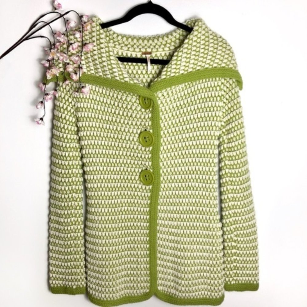 Free People Green & Cream Chunky Knit Cardigan